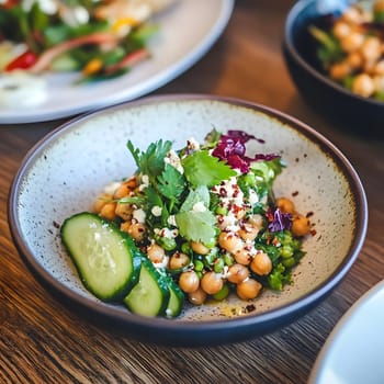 Healthy Vegetarian Chickpea salad meal with cucumber and tomatoes