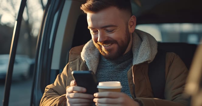 A man with a beard smiles while sitting in a vehicle, holding a coffee cup and looking at his phone, enjoying the moment during sunset.