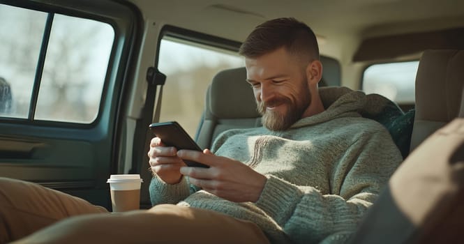 A man with a beard sits comfortably in a vehicle, using his smartphone while enjoying a cup of coffee during a bright day.