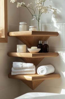 A neatly arranged wooden shelf displays towels, skincare products, and decor accents in a bright bathroom setting.