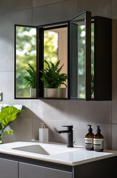 A contemporary bathroom features a sleek sink, black faucet, and a mirrored cabinet with lush green plants creating a refreshing atmosphere.