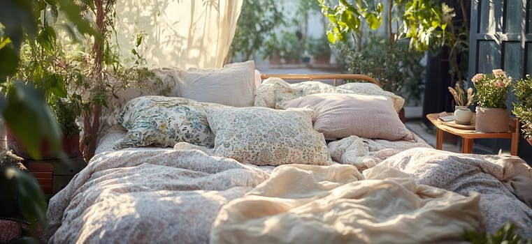 Soft bedding and cushions create a tranquil space adorned with greenery and warm sunlight, inviting relaxation and comfort.