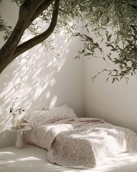 Soft shadows play on a cozy bedroom with a light-colored bedspread. An olive tree branches gracefully enhance the tranquil atmosphere.