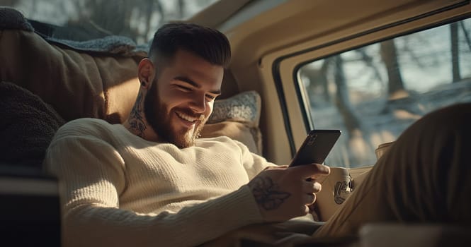 A man relaxes inside a camper, smiling at his phone while sunlight filters through the window, creating a warm atmosphere.