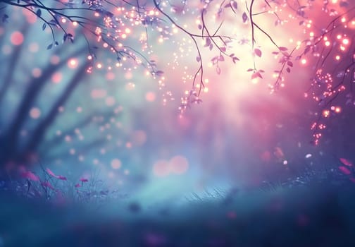 Soft light filters through the trees as delicate blossoms create a magical atmosphere in the twilight forest, enhancing the tranquility.