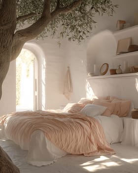 A cozy bedroom features soft pink bedding, natural light through an arch, and a tree branch reaching into the room.