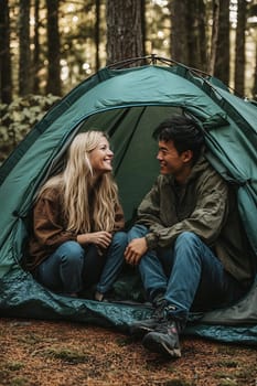 Two individuals smile at each other inside a green tent in a forest, enjoying their camping adventure together in nature.
