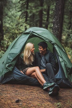 A couple enjoys each other's company inside a green camping tent, surrounded by lush forest greenery on a sunny day.