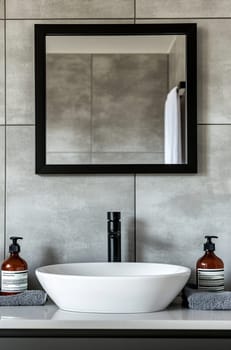 Stylish bathroom features a white basin, black faucet, textured tiles, and elegant accessories, creating a contemporary feel.
