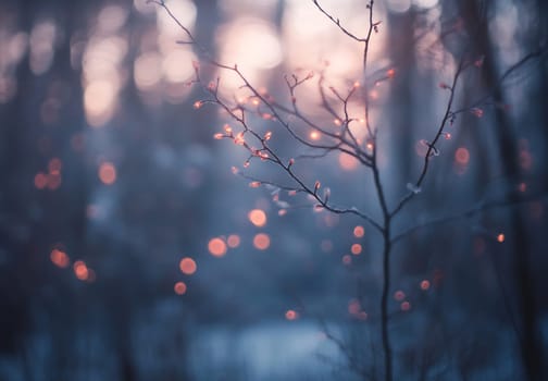 Delicate branches are illuminated by soft, warm lights during a serene winter sunset in a quiet forest setting.