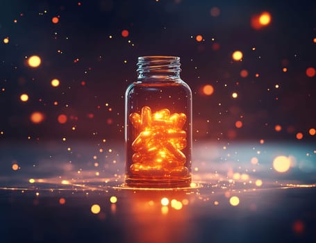 A glass jar filled with bright glowing capsules sits against a dark background, glowing softly amidst vivid particles of light.