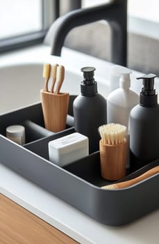 A well-arranged bathroom tray features various toiletries in black and bamboo containers, providing a neat and modern look for personal care.