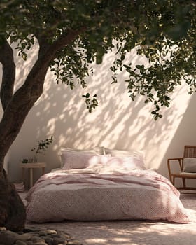 A serene outdoor bedroom set beneath a leafy tree, featuring a comfortable bed and cozy seating, illuminated by soft natural light.