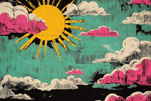 Bold artwork displays a vibrant sun amidst pink and white clouds, set against a turquoise background, evoking a playful atmosphere.