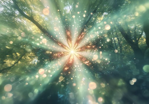 Bright rays of light burst through the trees, creating a magical atmosphere filled with shimmering particles in the forest.