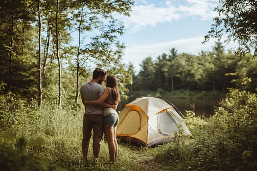 A couple enjoys a quiet moment together near their tent, surrounded by lush greenery and a calm lake during a summer evening.