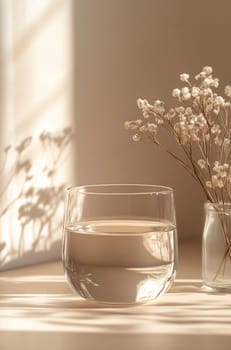 A glass filled with clear water sits on a table beside dried flowers, with soft sunlight casting gentle shadows.