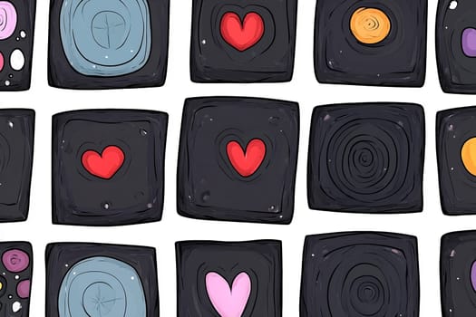 This design features a series of colorful hearts and circles on a black background, creating a playful and vibrant aesthetic.