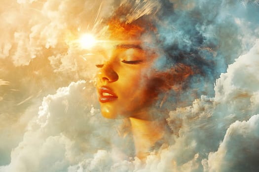 A serene individual with closed eyes appears within colorful clouds, illuminated by soft golden light emanating from above.