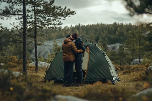 Two individuals share a warm embrace outside their tent in a serene forest setting, surrounded by trees and rocky terrain during dusk.