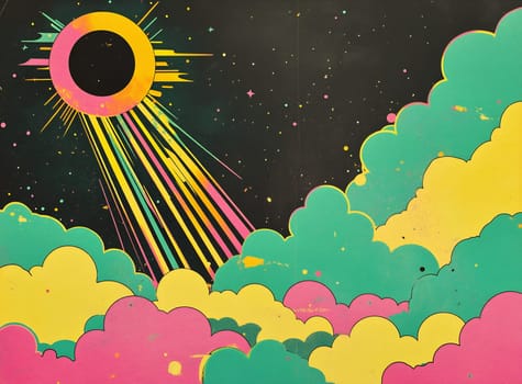 Bright rays emanate from a stylized sun in a vibrant cosmic setting filled with colorful clouds and starry background.