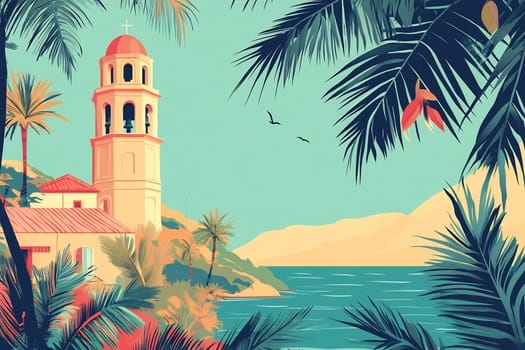 A scenic coastal landscape featuring a charming tower, palm trees, and a serene sea under a clear blue sky.