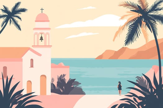 A woman stands near a charming chapel overlooking the sea, surrounded by palm trees and mountains during sunset.