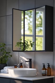 Stylish bathroom features a round sink, elegant faucet, and mirrored cabinet reflecting lush greenery from the window.
