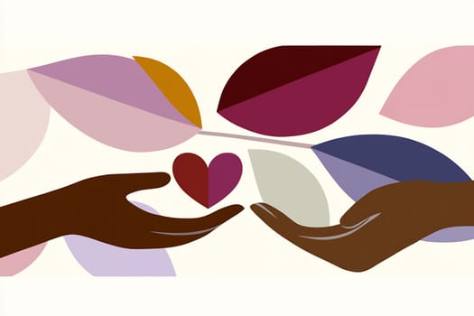 Two hands reach out to share a heart, surrounded by colorful leaves representing love and connection.