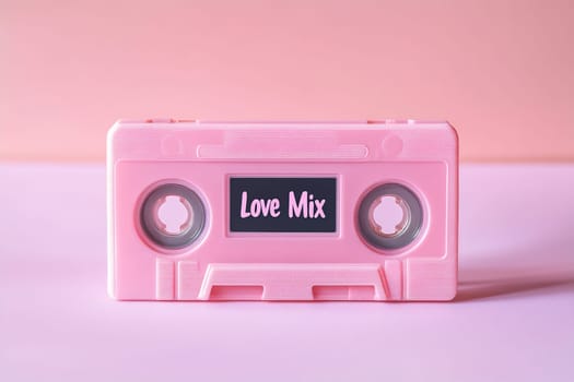 A pink cassette tape labeled Love Mix sits against a pastel background, evoking memories of music and love-filled moments in the 90s.