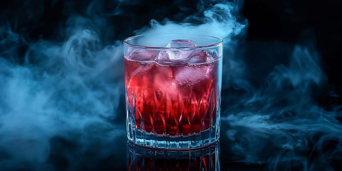 A vibrant red drink sits in a crystal glass filled with ice, surrounded by swirling blue smoke, creating a captivating and mysterious atmosphere.