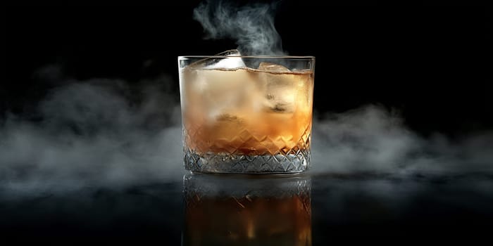 A glass filled with whiskey sits on a reflective surface with smoky vapor rising from the ice cubes.