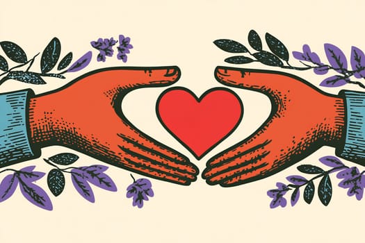Two hands outline a red heart surrounded by vibrant leaves, symbolizing love and connection in a colorful design.
