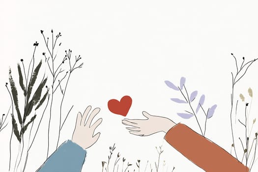 Two hands reach out to each other in a serene natural setting, sharing a red heart among delicate plants and flowers.
