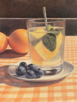A glass of lemon mint beverage is served with blueberries on a plate, surrounded by oranges on a checkered tablecloth.