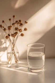 A glass of water rests beside a vase of dried flowers, illuminated by soft sunlight casting gentle shadows on a surface.