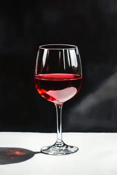 A single glass filled with deep red wine casts a soft shadow on a white surface, creating a striking contrast against a dark background.