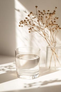 A clear glass filled with water sits beside dried flowers, catching sunlight and casting delicate shadows on a light surface.