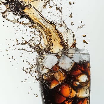 Dark soda splashes dramatically from a glass filled with ice, showcasing a lively drink in motion, evoking a sense of refreshment.
