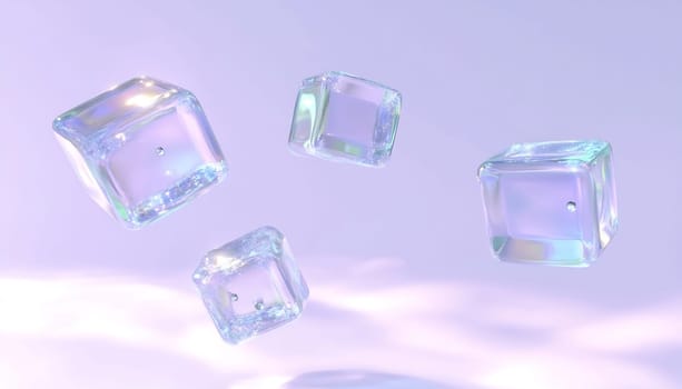 Four translucent ice cubes float gracefully in a soft, pastel-colored background, creating a serene and refreshing atmosphere.