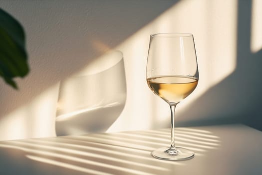 A glass filled with white wine rests on a table, illuminated by warm sunlight casting soft shadows. The ambiance is serene and inviting.