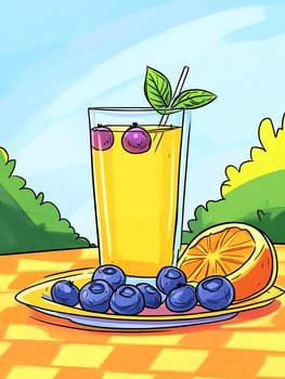 Brightly colored drink served in a glass with blueberries and orange on a sunny day, set on a checkered tablecloth outdoors.