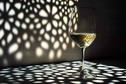 A clear glass filled with white wine sits on a surface, casting intricate shadow patterns on the wall from light filtering through a design.