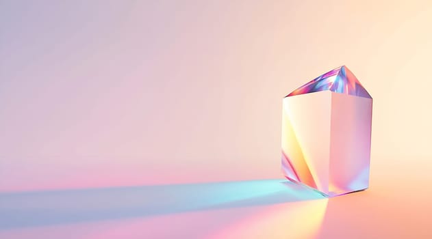 A geometric crystal stands on a smooth surface, casting vibrant reflections and shadows in soft pastel hues against a gentle backdrop.