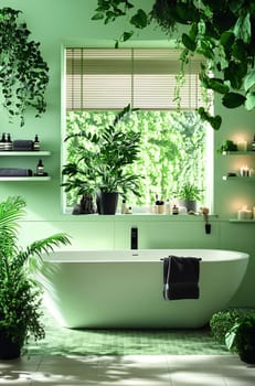 This bathroom features a sleek bathtub surrounded by lush greenery, sunlight streaming through the window, creating a tranquil atmosphere.