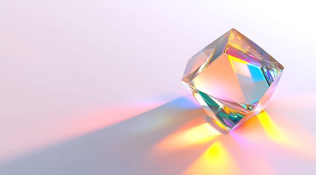 A crystal cube refracting light, creating vibrant colors on a smooth surface. The light creates a captivating array of hues.
