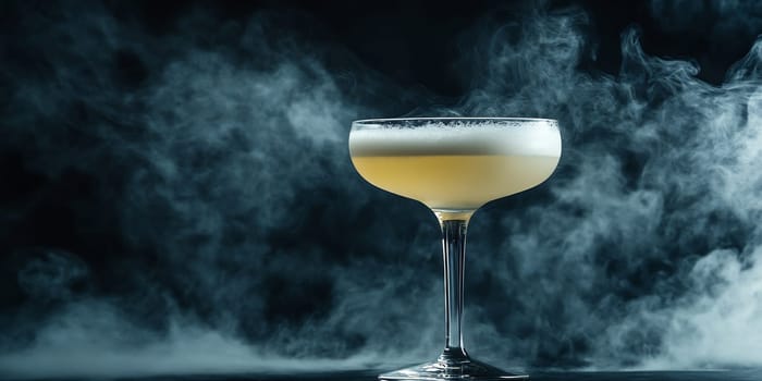 A cocktail sits elegantly in a stemmed glass, surrounded by a misty haze, highlighting its frothy top and inviting appearance.