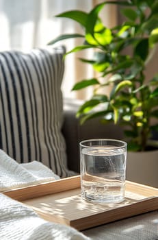 A clear glass of water rests on a wooden tray beside a cozy couch, with sunlight streaming through the window and illuminating the scene.