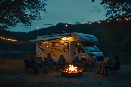 A group of friends enjoys a campfire under string lights, sharing laughter and stories near a camper van at twilight.