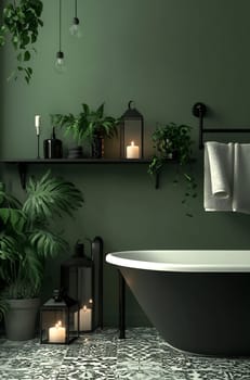 A tranquil bathroom features a black tub surrounded by plants and candles, set against a rich green wall and patterned floor tiles.